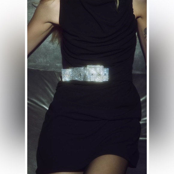 ZARA Black Ruched Cocktail Dress Rhinestone Belt Glam Party Dress - Picture 14 of 14